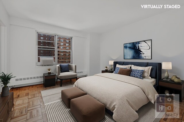 bedroom with cooling unit and radiator