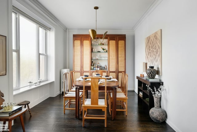 dining area with ornamental molding, radiator heating unit, and dark hardwood / wood-style flooring