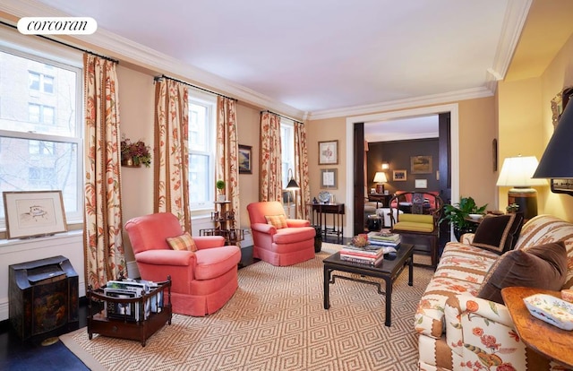 living room featuring crown molding