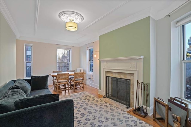 living room featuring ornamental molding, a fireplace, and light hardwood / wood-style flooring