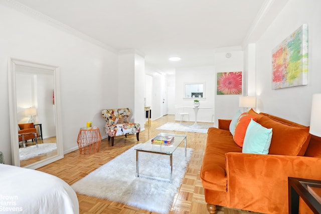 living room featuring light parquet flooring and crown molding