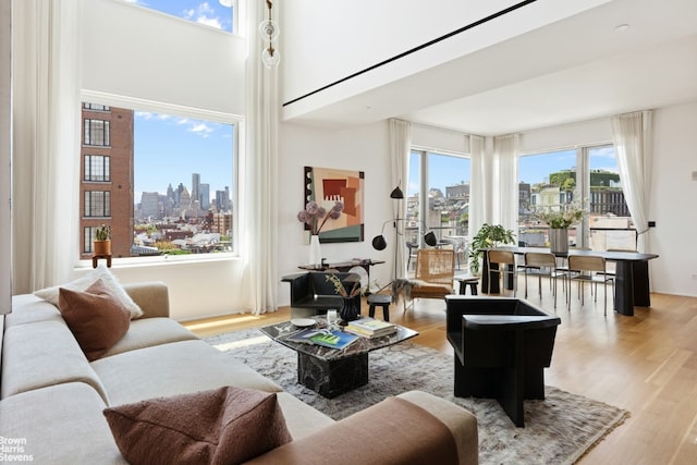 living room with light wood-style floors and a city view