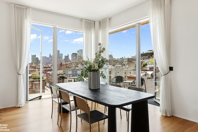 dining space featuring light wood-style floors and a view of city