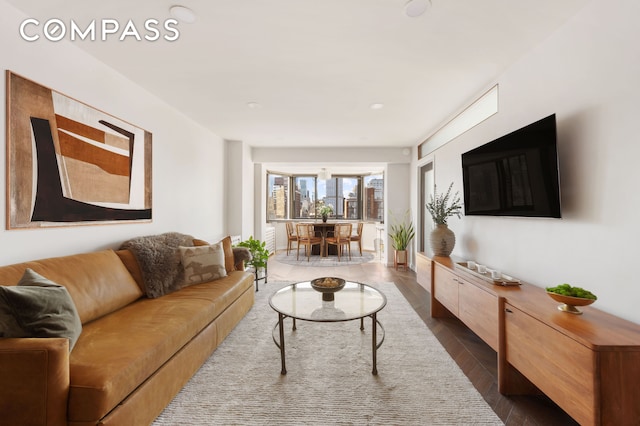 living area featuring dark wood-style floors