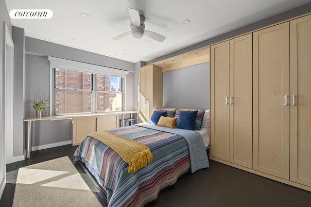 bedroom featuring visible vents, ceiling fan, and baseboards