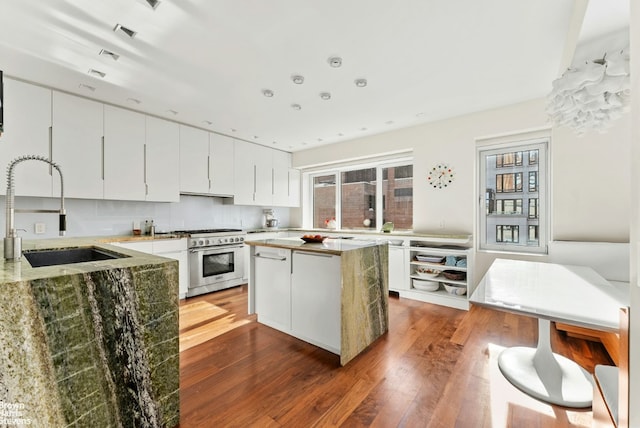 kitchen with high end stainless steel range, sink, wood-type flooring, a kitchen island, and white cabinets