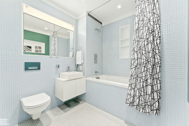 full bathroom featuring shower / bathtub combination with curtain, vanity, toilet, and tile patterned flooring