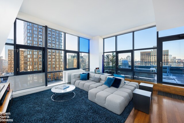 living room with expansive windows, wood-type flooring, and a healthy amount of sunlight