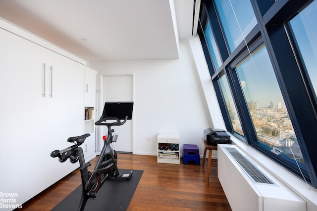 workout room with dark wood-type flooring