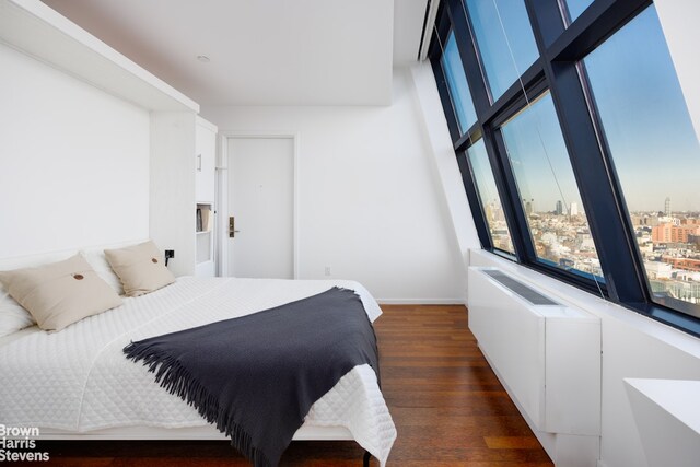 bedroom featuring radiator heating unit and dark hardwood / wood-style flooring