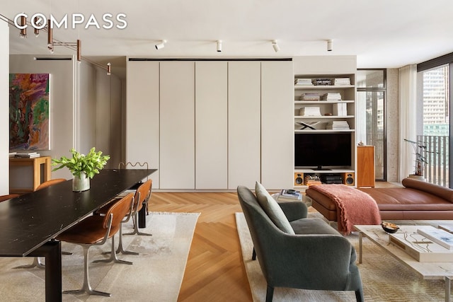 living room featuring light parquet flooring