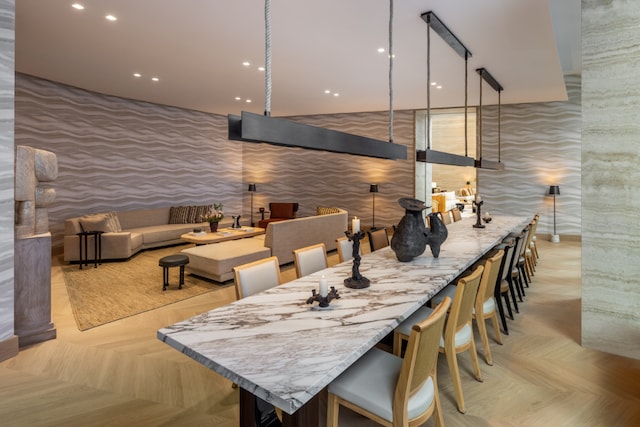 dining area with light parquet flooring