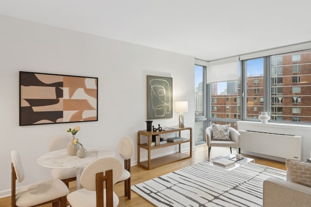 sitting room with radiator, light wood-style floors, a view of city, and baseboards