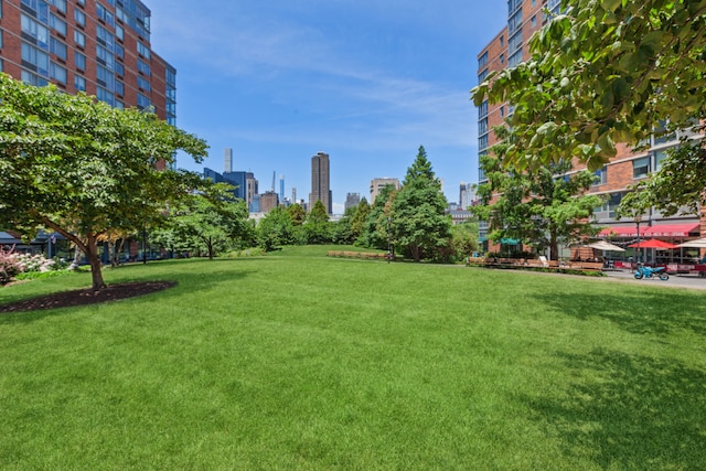 view of home's community with a view of city and a yard