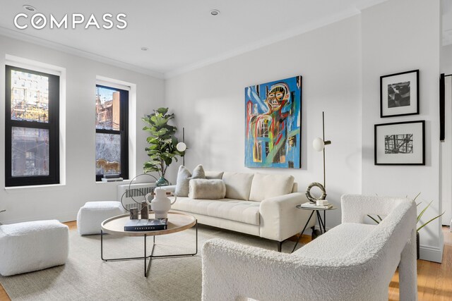 living room featuring ornamental molding and wood-type flooring