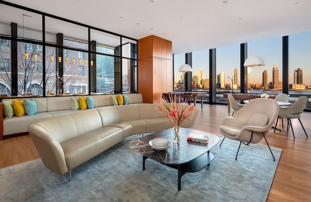 living room with a city view, a wealth of natural light, light wood finished floors, and floor to ceiling windows