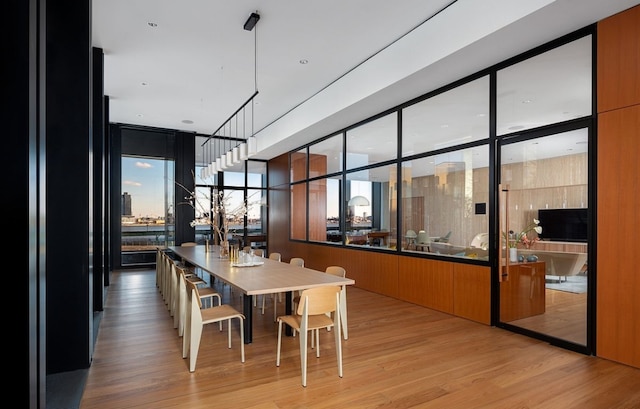 dining area featuring floor to ceiling windows and light wood-type flooring