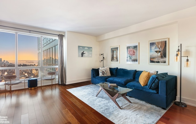 living room featuring baseboards and dark wood-style flooring