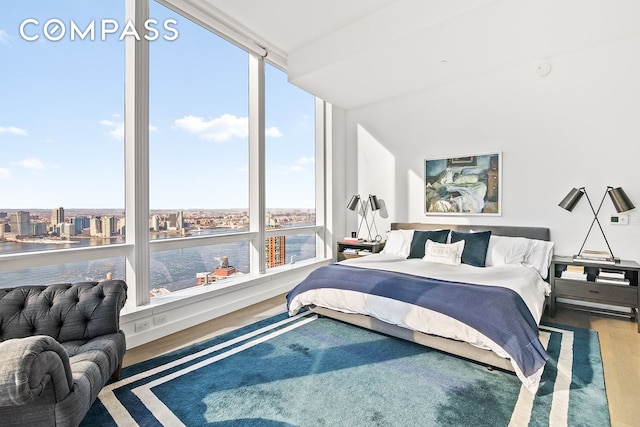 bedroom with expansive windows, a city view, and wood finished floors