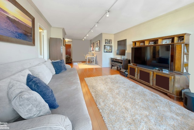 living room with light hardwood / wood-style flooring, ornamental molding, and rail lighting