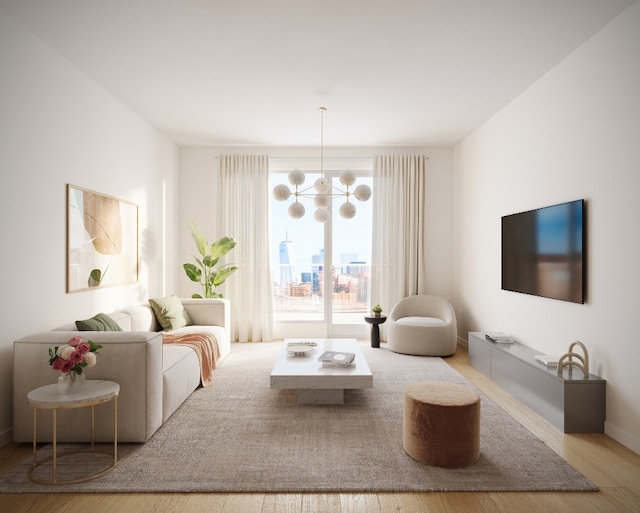 living room with an inviting chandelier and hardwood / wood-style flooring