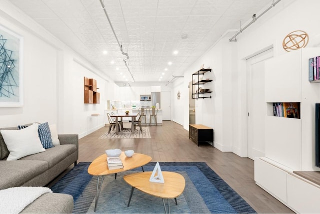 living room featuring rail lighting and hardwood / wood-style floors