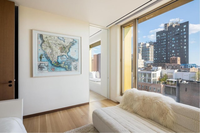 interior space featuring floor to ceiling windows and light hardwood / wood-style flooring