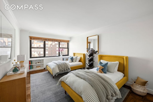 bedroom with crown molding and dark wood-type flooring