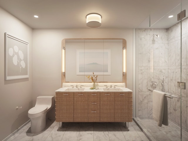 bathroom with a shower stall, toilet, and a sink