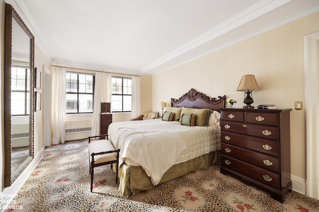 bedroom with radiator heating unit and ornamental molding