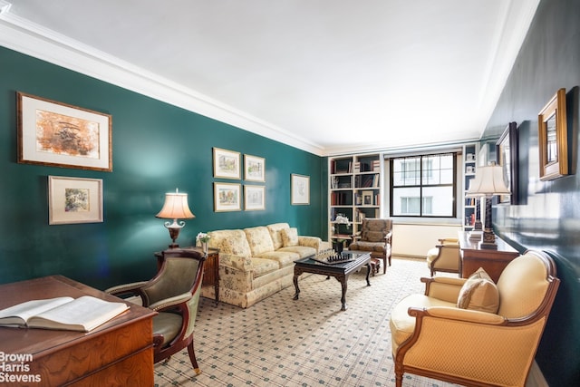 carpeted living room with ornamental molding