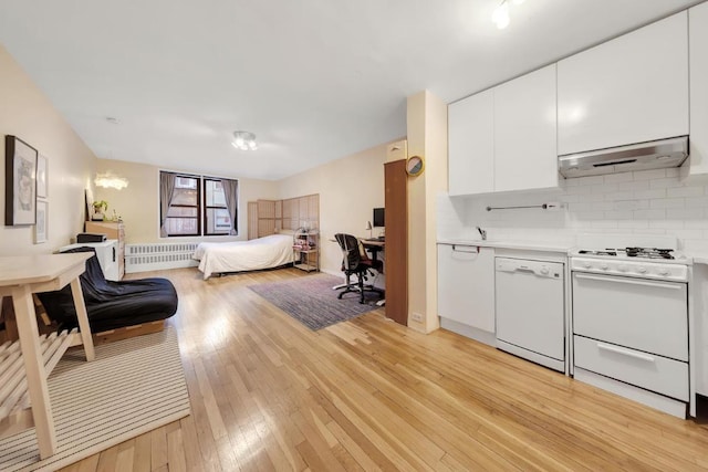 bedroom featuring radiator heating unit and light hardwood / wood-style floors