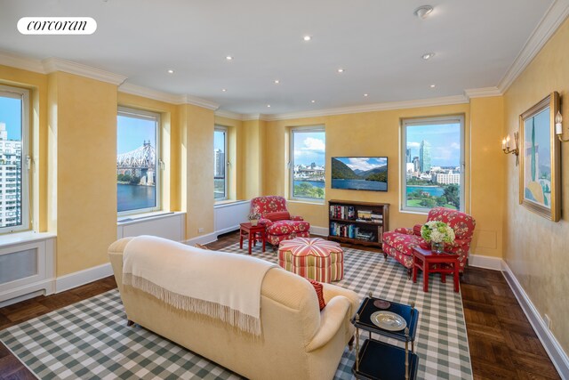 living room with crown molding, a wealth of natural light, and dark parquet floors