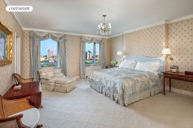 carpeted bedroom with a chandelier and ornamental molding