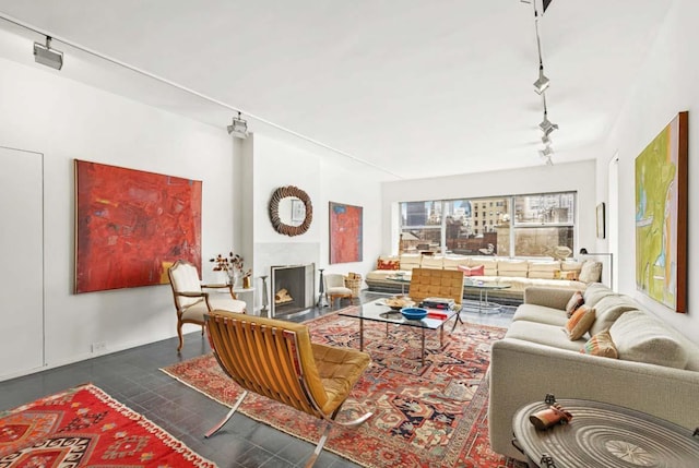 living room featuring rail lighting and a fireplace