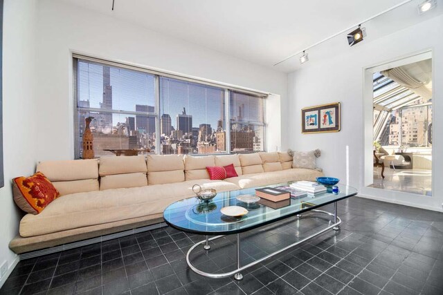 living room featuring track lighting, a view of city, baseboards, and a wealth of natural light