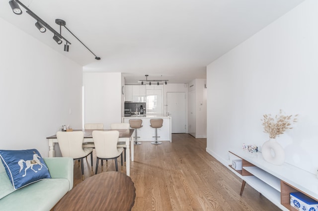 living room featuring light hardwood / wood-style flooring and rail lighting