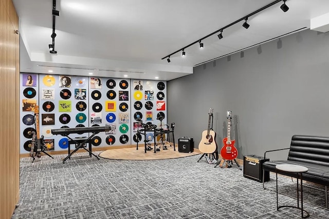 game room with carpet, baseboards, and track lighting