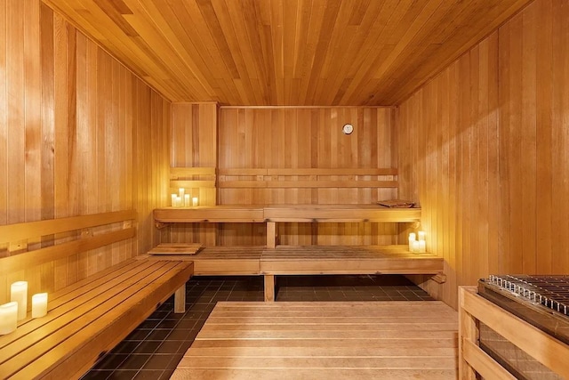 46-30 Center Blvd Unit 103, New York City, NY 11109 - sauna with wood walls, wood ceiling, and tile patterned flooring