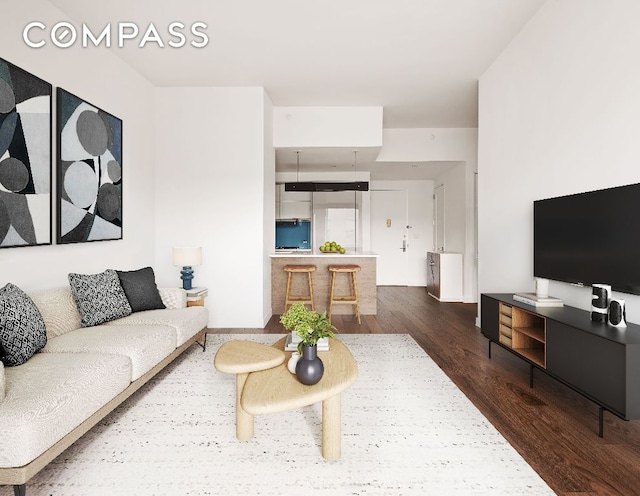 living room featuring dark wood-type flooring