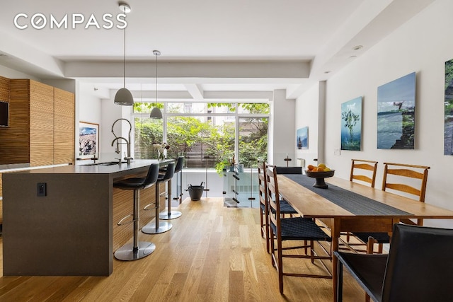 dining room featuring sink and light wood-type flooring