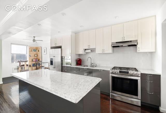 kitchen featuring under cabinet range hood, stainless steel appliances, a kitchen island, a sink, and tasteful backsplash