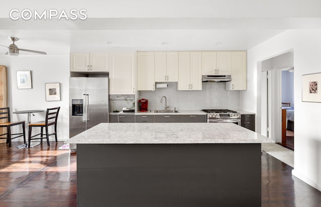 kitchen with stainless steel appliances, a sink, under cabinet range hood, and tasteful backsplash