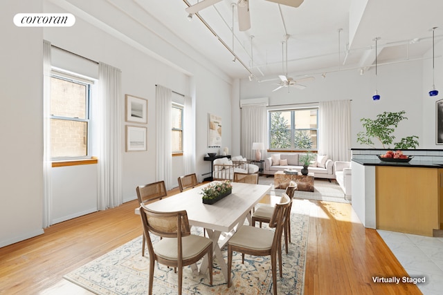 dining area with rail lighting, ceiling fan, and light hardwood / wood-style floors