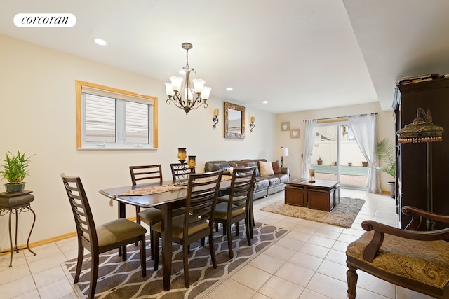 dining area featuring a notable chandelier, baseboards, recessed lighting, light tile patterned floors, and visible vents