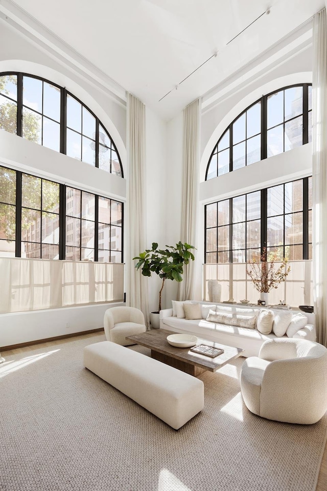 carpeted living room featuring a towering ceiling