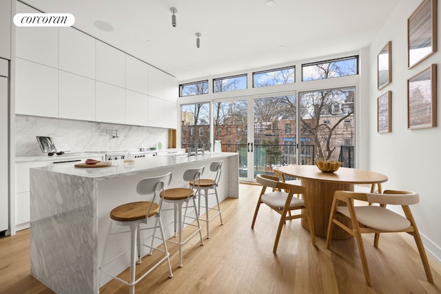 kitchen with decorative backsplash, light wood-style flooring, plenty of natural light, and modern cabinets