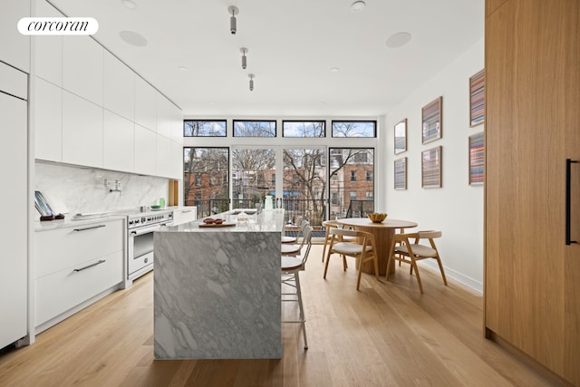 interior space featuring modern cabinets, a kitchen island, a breakfast bar area, light wood finished floors, and decorative backsplash