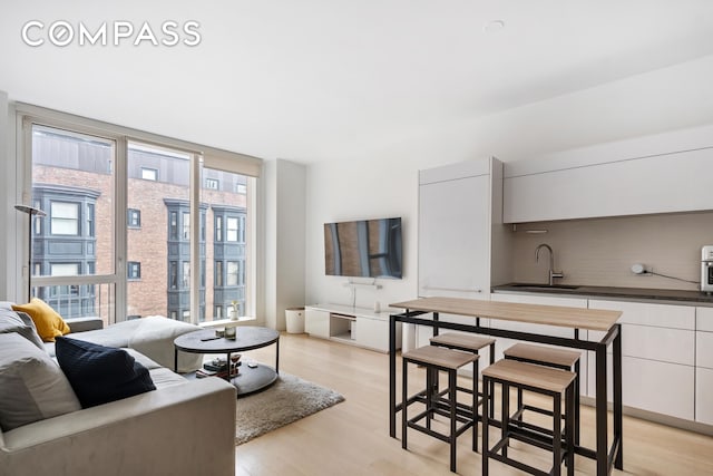 living area with light wood-style floors and floor to ceiling windows