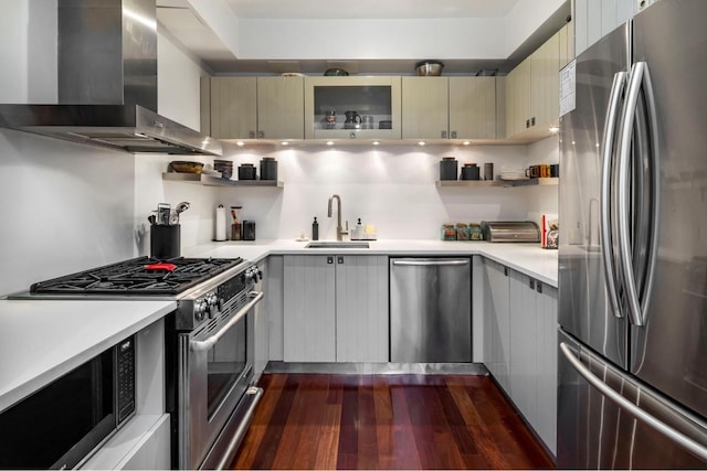 kitchen with wall chimney exhaust hood, sink, gray cabinetry, appliances with stainless steel finishes, and dark hardwood / wood-style flooring